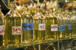 Closeup of bottles of essential oils used in perfume making disp