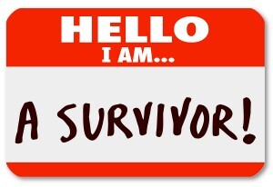 The words Hello I Am A Survivor on a nametag sticker to symboliz